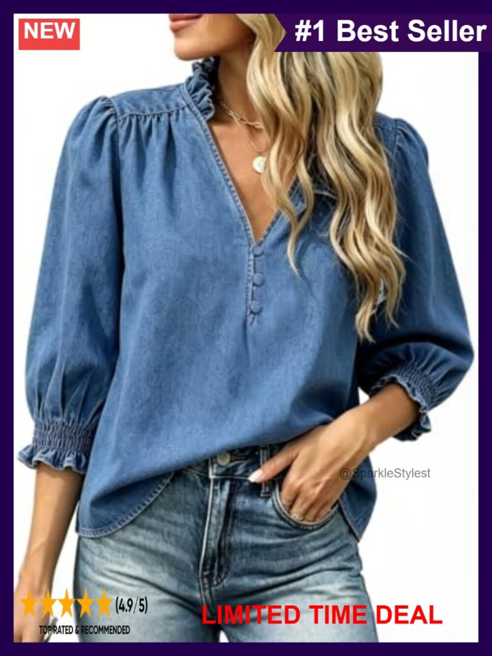 Washed Chambray Button Down Shirt V Neck Smocked Ruffle Cuffs Blouse